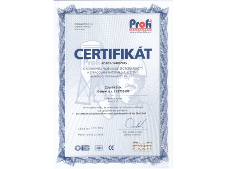 Certifikát o odborném proškolení Profibaustoffe CZ č. 2