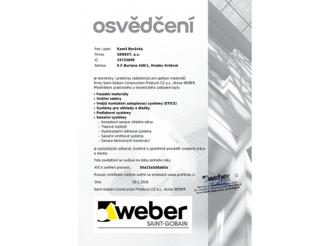 Osvědčení pro aplikaci materiálů Saint-Gobain Construction Products CZ a.s., divize WEBER