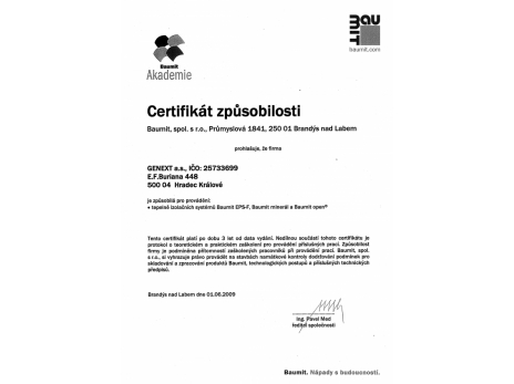 Certifikát způsobilosti pro provádění tepelně izolačních systémů Baumit
